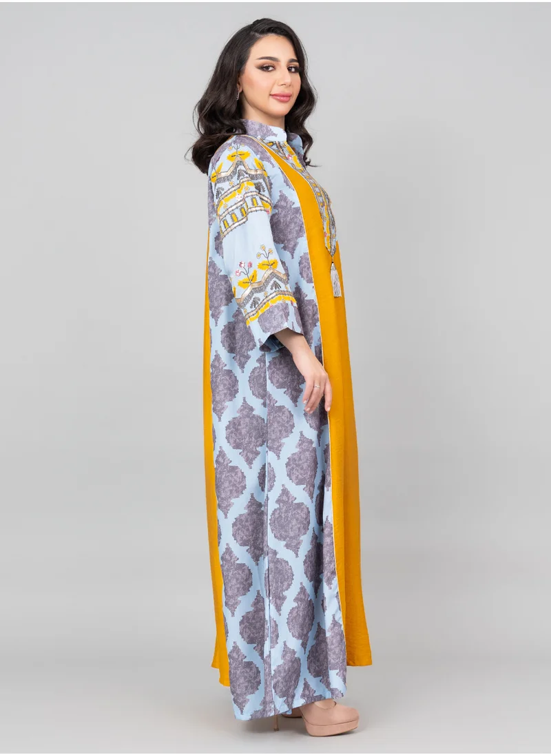 IKKXA Embroidered Solid Jalabiya with Stylish Mandarin Collar IK3002 Blue