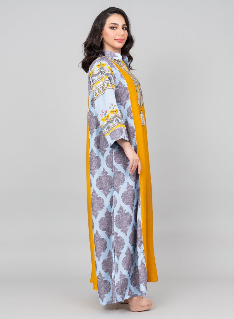 اكسا جلابية مطرزة سادة بياقة ماندرين أنيقة أزرق - Image 3