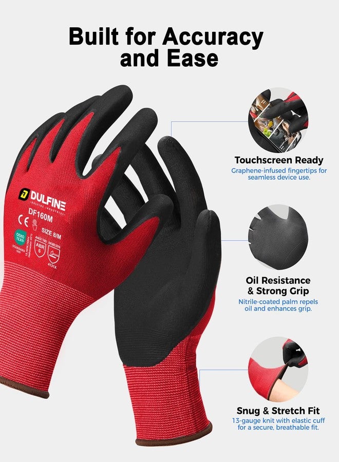 DULFINE Safety Work Gloves MicroFoam Nitrile Coated-12 Pairs Pack,Red Seamless Knit Nylon Glove with Black Micro-Foam Nitrile Grip,Ideal for General Purpose,Automotive,Home Improvement,Painting(Medium) - Image 2