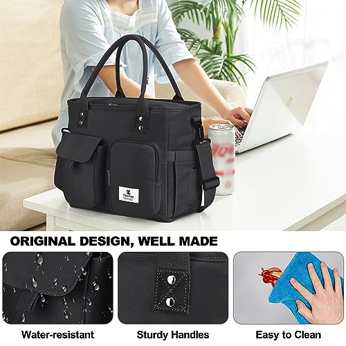 Hafmall Large Insulated Lunch Bag for Women Men, Leakproof Lunch Box for Adults, Wide Opening Lunch Tote Bag with Shoulder Strap, Reusable Lunch Cooler Bag for Work, Picnic, Black - Image 5