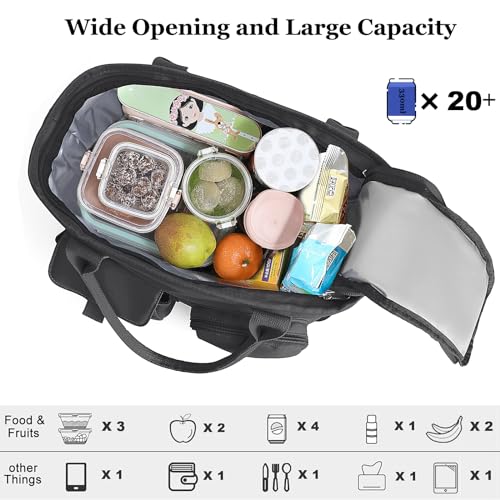 Hafmall Large Insulated Lunch Bag for Women Men, Leakproof Lunch Box for Adults, Wide Opening Lunch Tote Bag with Shoulder Strap, Reusable Lunch Cooler Bag for Work, Picnic, Black - Image 2