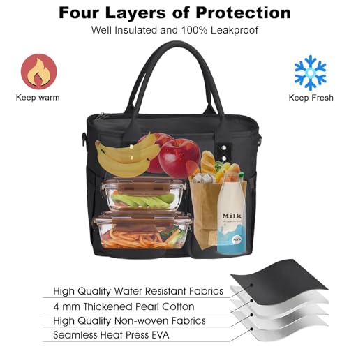 Hafmall Large Insulated Lunch Bag for Women Men, Leakproof Lunch Box for Adults, Wide Opening Lunch Tote Bag with Shoulder Strap, Reusable Lunch Cooler Bag for Work, Picnic, Black - Image 4