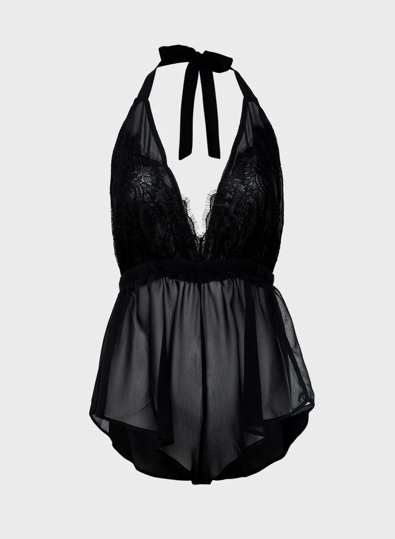 Wolf & Whistle Suzie Lace Trim Halter Playsuit