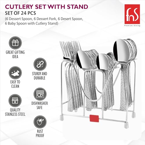 FNS Montavo Pacific Style Stainless Steel Cutlery Set - 24 Pcs with Hanging Stand, Includes Dinner Spoons, Forks, Tea Spoons, Baby Spoons for Kitchen Table Use - Image 3