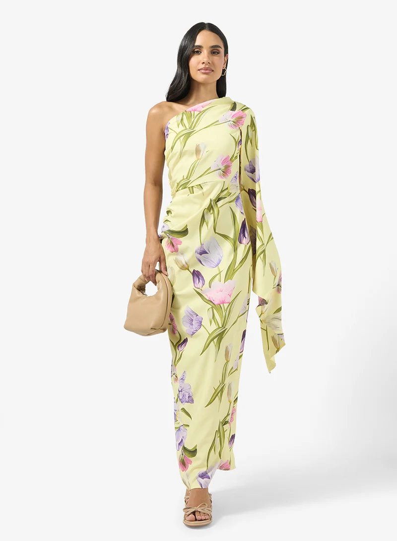 Ginger One Shoulder Cape Sleeve Draped Bodycon Dress