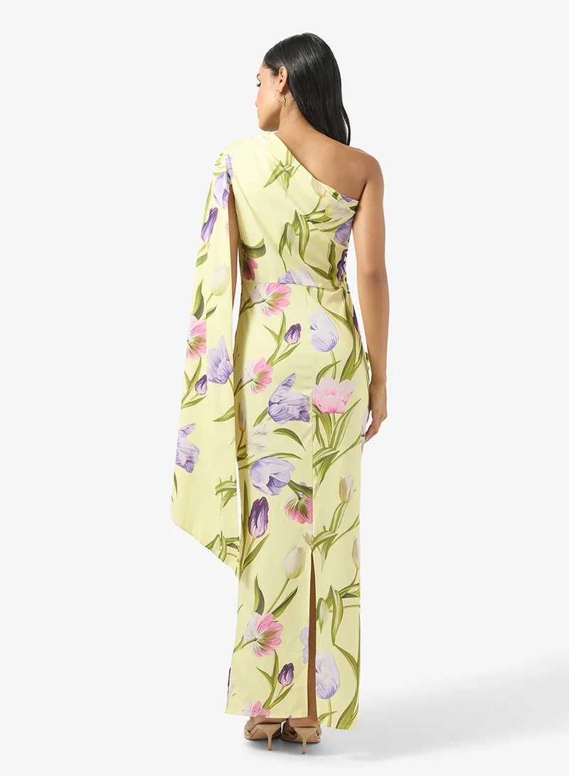 Ginger One Shoulder Cape Sleeve Draped Bodycon Dress