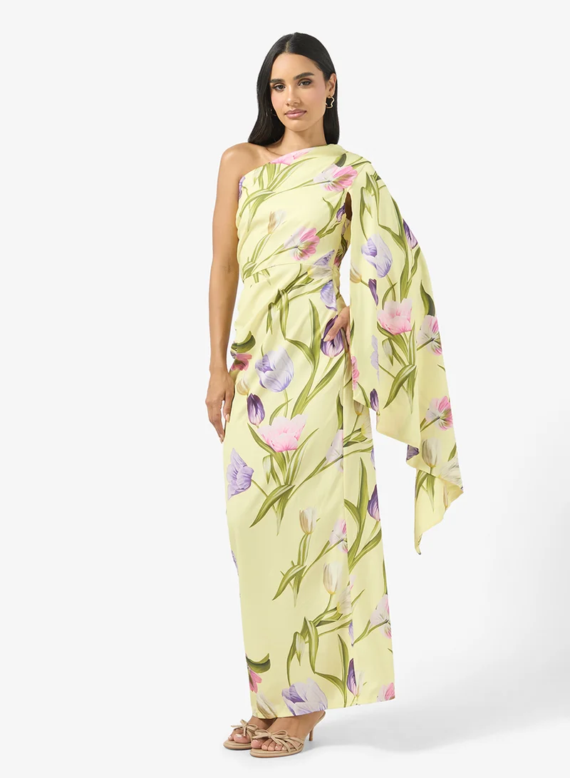 Ginger One Shoulder Cape Sleeve Draped Bodycon Dress