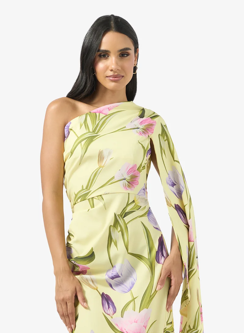 Ginger One Shoulder Cape Sleeve Draped Bodycon Dress