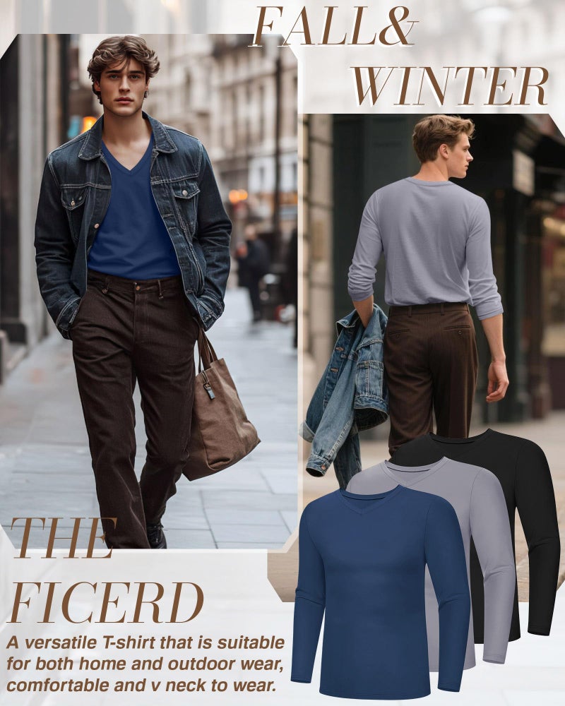 Ficerd 3 Pack Big and Tall Shirts for Men V Neck Cotton Long Sleeve Tee L-7XL Casual Loose Tops Oversized Basic T Shirts(Black, Light Gray, Blue,3X-Large) - Image 3
