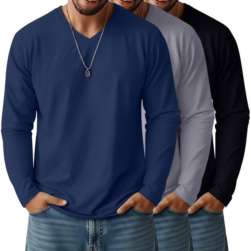 Ficerd 3 Pack Big and Tall Shirts for Men V Neck Cotton Long Sleeve Tee L-7XL Casual Loose Tops Oversized Basic T Shirts(Black, Light Gray, Blue,3X-Large) - Image 1