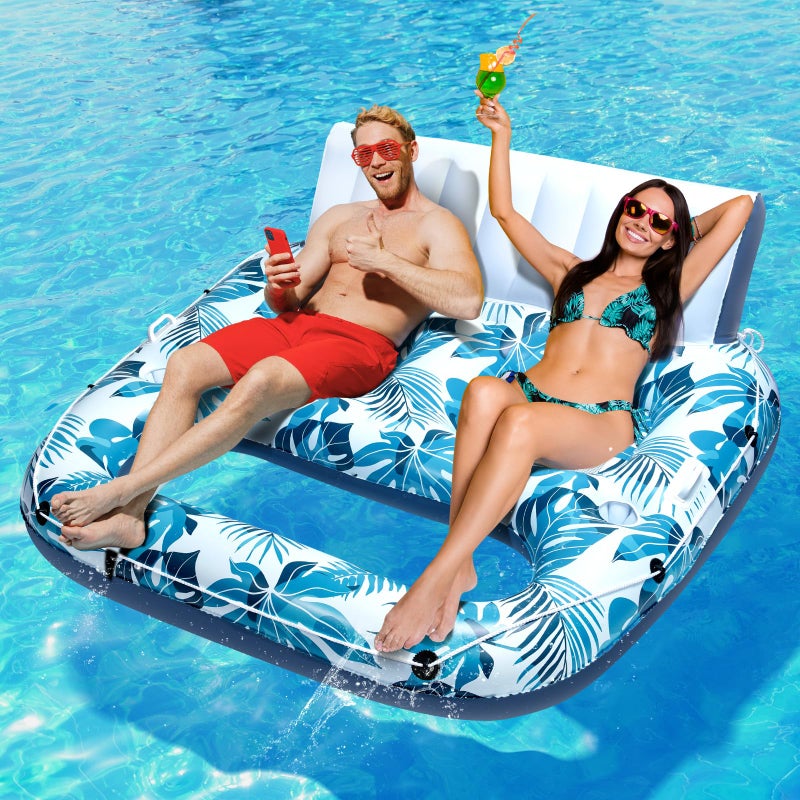 JCLEAL Pool Float Lounger Adult Inflatable Pool Floaties Rafts for 2 Person Extra Large Recliner Tanning Lounge Chair Water Floaty with Backrest Footrest Cup Holder for Party River Beach Lake Vacation - Image 1