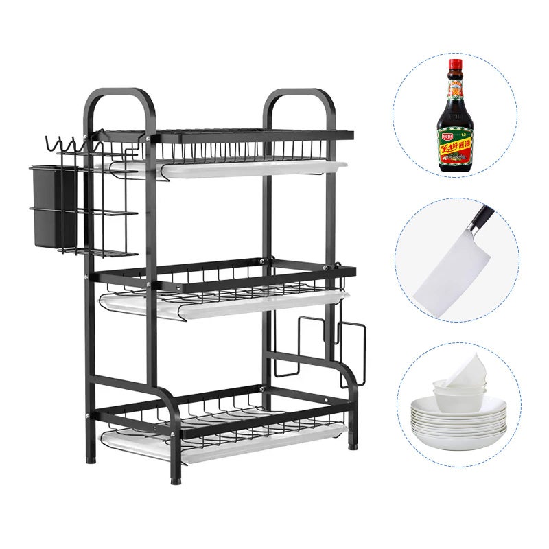 KUK 3 Tier Dish Drying Rack, Stainless Steel Over The Sink Dish with Drain Tray, Kitchen Dishes Drying Racks, Dish Racks for Kitchen Counter Storage (Black) - Image 2