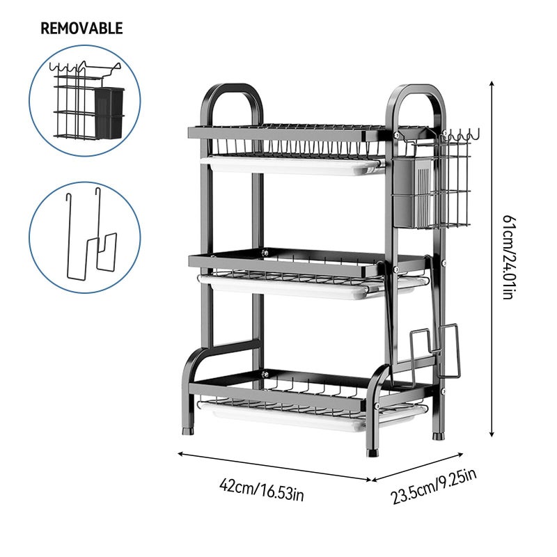 KUK 3 Tier Dish Drying Rack, Stainless Steel Over The Sink Dish with Drain Tray, Kitchen Dishes Drying Racks, Dish Racks for Kitchen Counter Storage (Black) - Image 3
