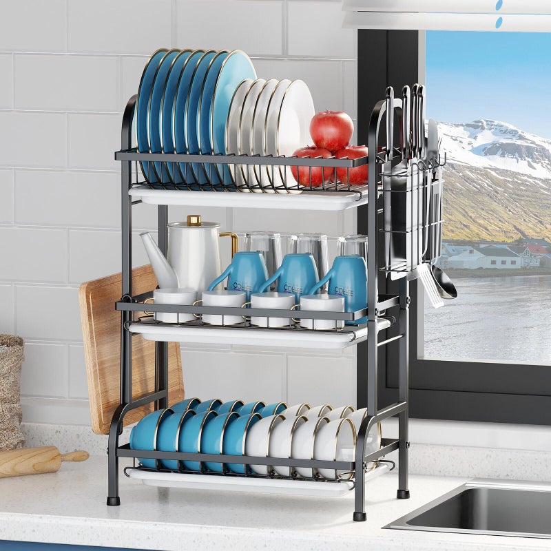 KUK 3 Tier Dish Drying Rack, Stainless Steel Over The Sink Dish with Drain Tray, Kitchen Dishes Drying Racks, Dish Racks for Kitchen Counter Storage (Black) - Image 4