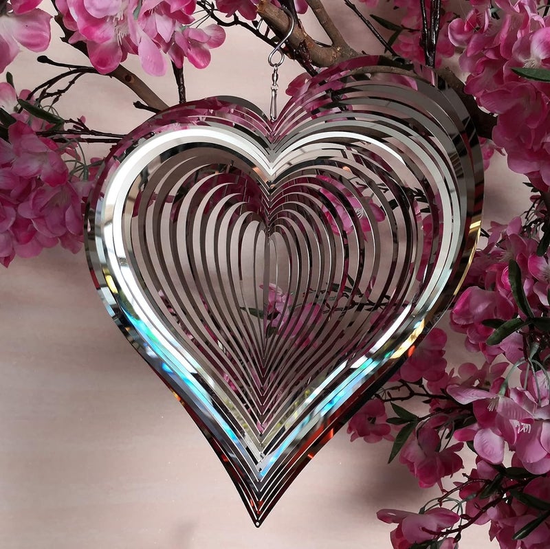XIGSTA Wind Spinner 12 inch Big Size Silver Heart| Home Crafts Wind Decor| 3D Mirror Stainless Steel Wind Sculpture| Bedroom Living Room Window Corridor Yard Garden Decoration - Image 3