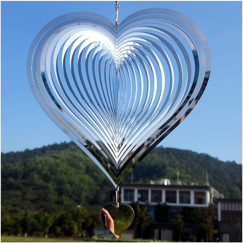 XIGSTA Wind Spinner 12 inch Big Size Silver Heart| Home Crafts Wind Decor| 3D Mirror Stainless Steel Wind Sculpture| Bedroom Living Room Window Corridor Yard Garden Decoration - Image 2