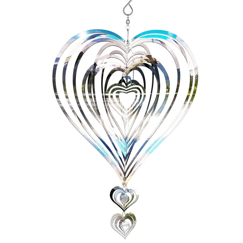 XIGSTA Wind Spinner 12 inch Big Size Silver Heart| Home Crafts Wind Decor| 3D Mirror Stainless Steel Wind Sculpture| Bedroom Living Room Window Corridor Yard Garden Decoration - Image 1