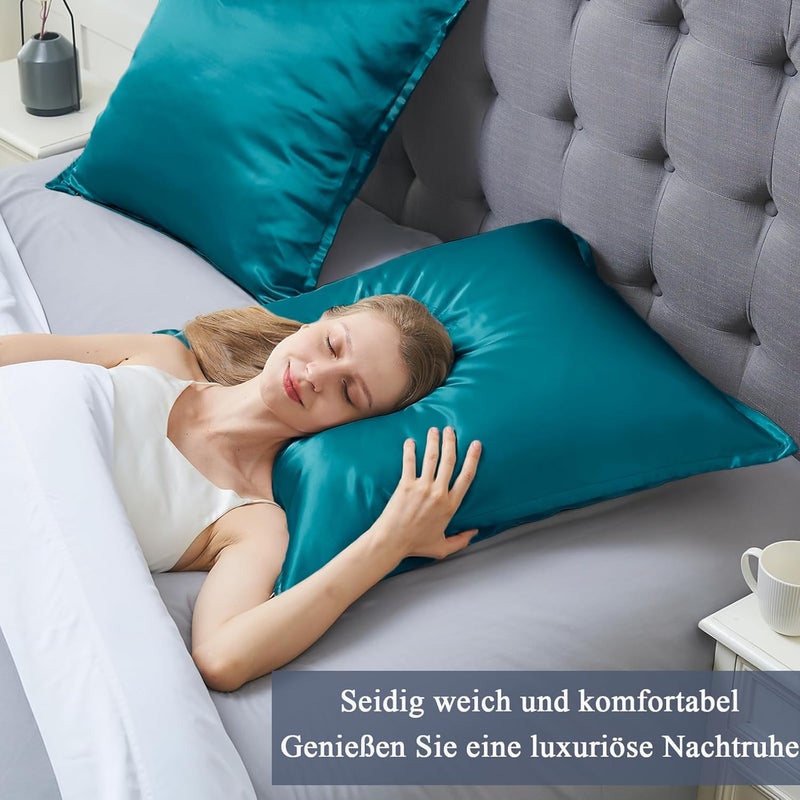 Vielit Satin Pillowcase 60 x 60 cm, Soft Similar to Silk Pillowcase 60 x 60 cm, Premiun Pillowcase 60 x 60 cm Pillowcases 60 x 60 cm Cushion Cover Blue Green for Hair and Skin Eco Certificate with Zip - Image 2