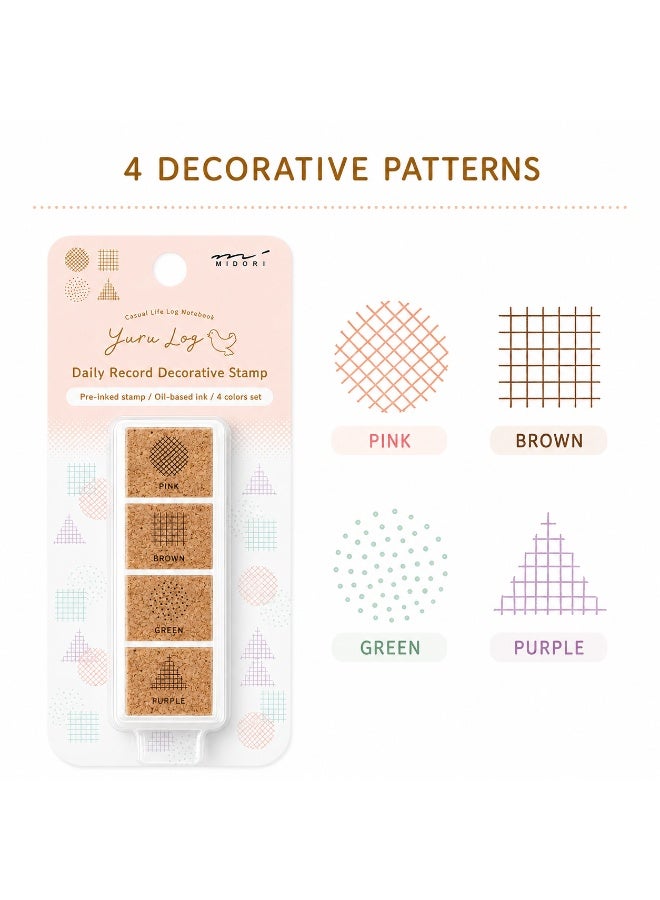 MIDORI Yuru Log Pre-Inked Stamp Set Geometric Pattern 35613006, compact case, four-colour pattern set, Multicolour, Pre-Inked Stamp, 1 set for bullet journals - Image 5
