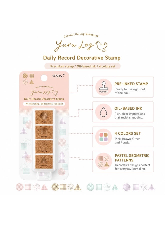 MIDORI Yuru Log Pre-Inked Stamp Set Geometric Pattern 35613006, compact case, four-colour pattern set, Multicolour, Pre-Inked Stamp, 1 set for bullet journals - Image 4
