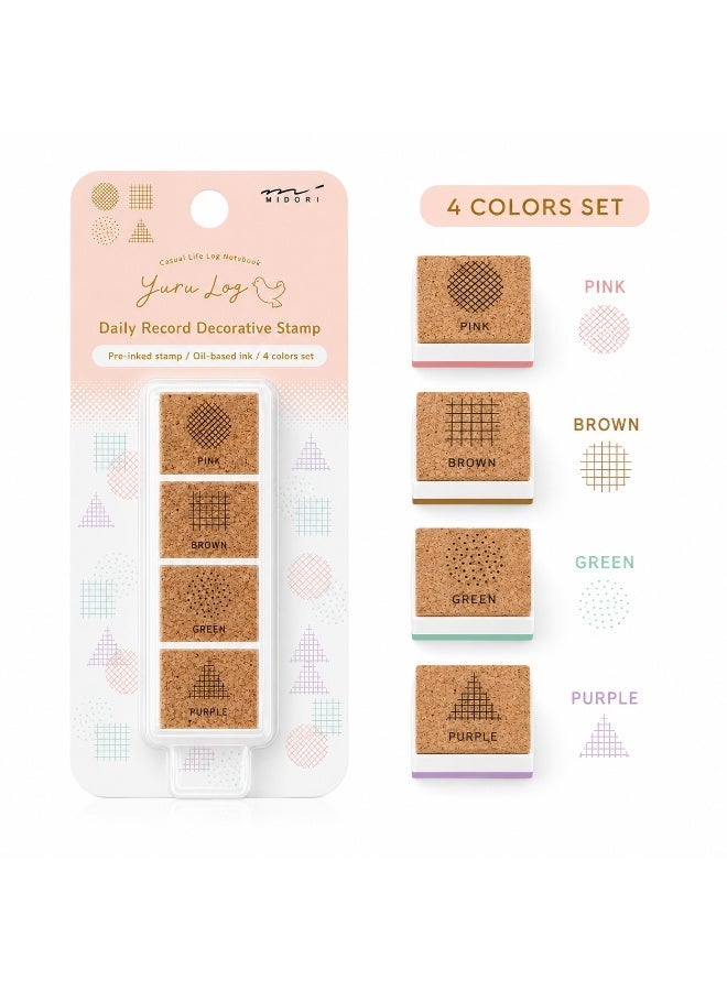 MIDORI Yuru Log Pre-Inked Stamp Set Geometric Pattern 35613006, compact case, four-colour pattern set, Multicolour, Pre-Inked Stamp, 1 set for bullet journals - Image 3