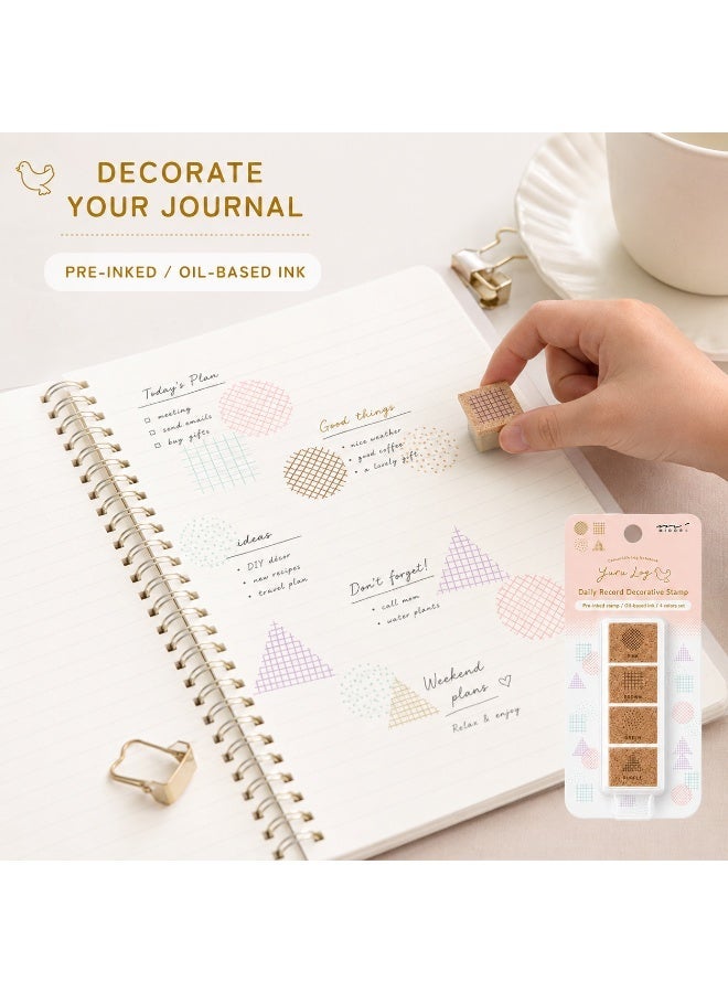 MIDORI Yuru Log Pre-Inked Stamp Set Geometric Pattern 35613006, compact case, four-colour pattern set, Multicolour, Pre-Inked Stamp, 1 set for bullet journals - Image 1