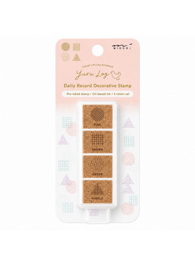 MIDORI Yuru Log Pre-Inked Stamp Set Geometric Pattern 35613006, compact case, four-colour pattern set, Multicolour, Pre-Inked Stamp, 1 set for bullet journals - Image 2