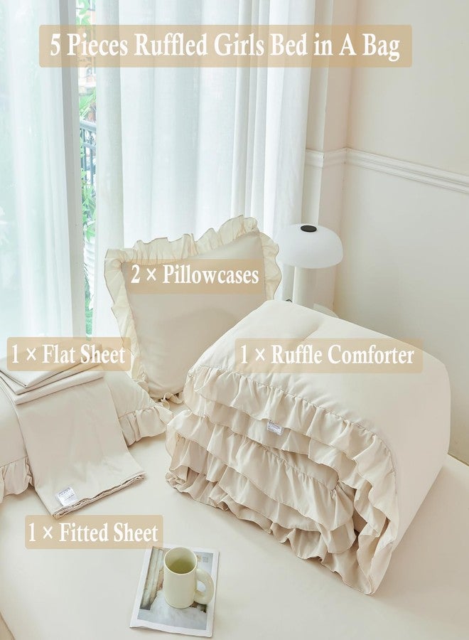 ANGIYUIN 5 Pieces Camel Twin Size Comforter Set for Kids Girls Ruffled Bedding Set Boho Farmhouse Bed Sets Shabby Fluffy Elegance Bed in A Bag with Sheets(Camel Twin) - Image 4