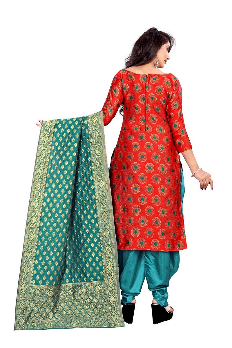 JENNY DESIGNER فستان كورتا وباتيارا غير مخيط للنساء (أحمر) - Image 4