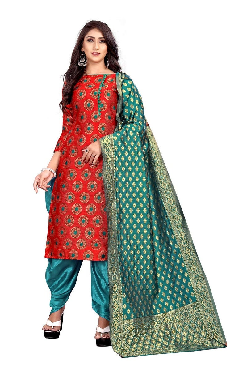 JENNY DESIGNER فستان كورتا وباتيارا غير مخيط للنساء (أحمر) - Image 3