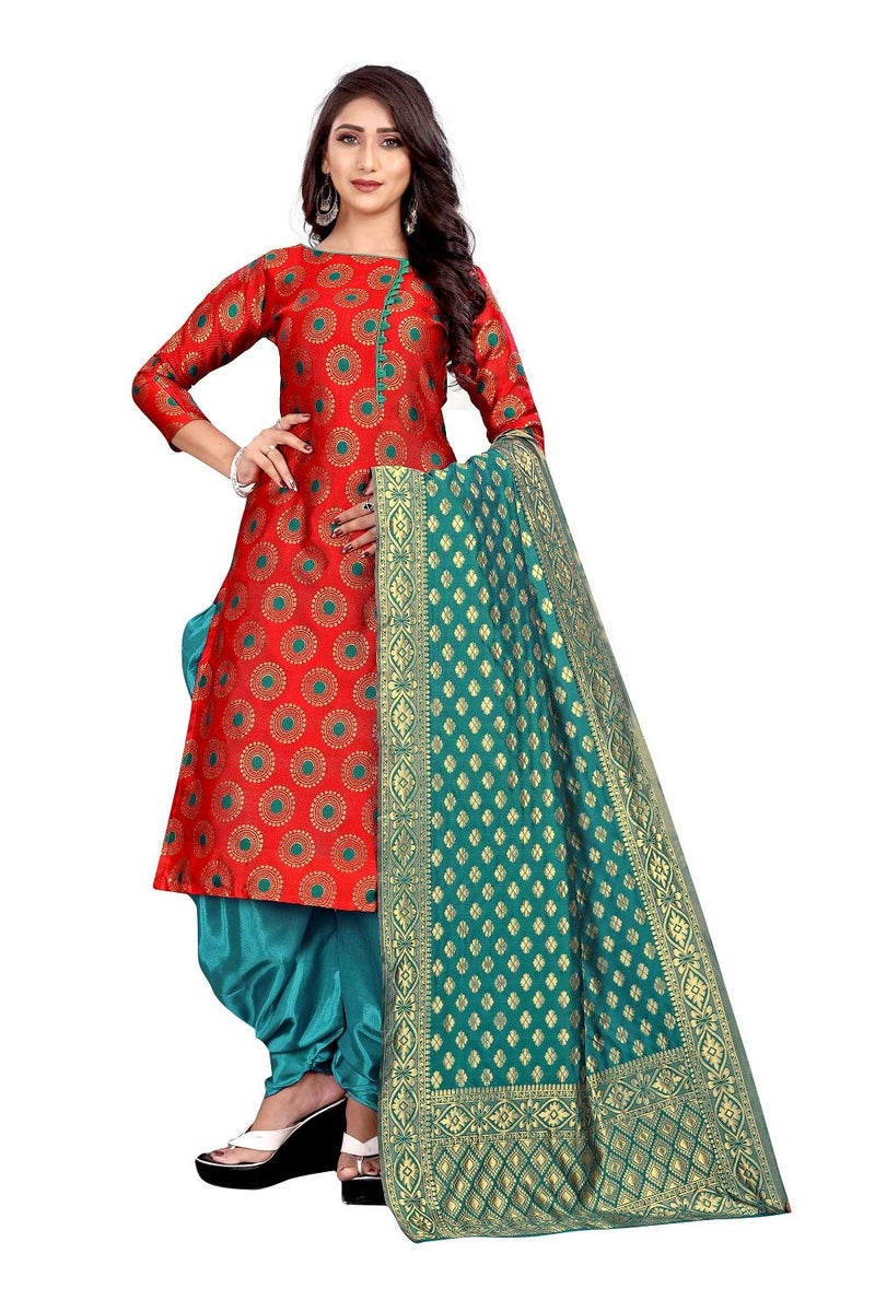JENNY DESIGNER فستان كورتا وباتيارا غير مخيط للنساء (أحمر) - Image 1