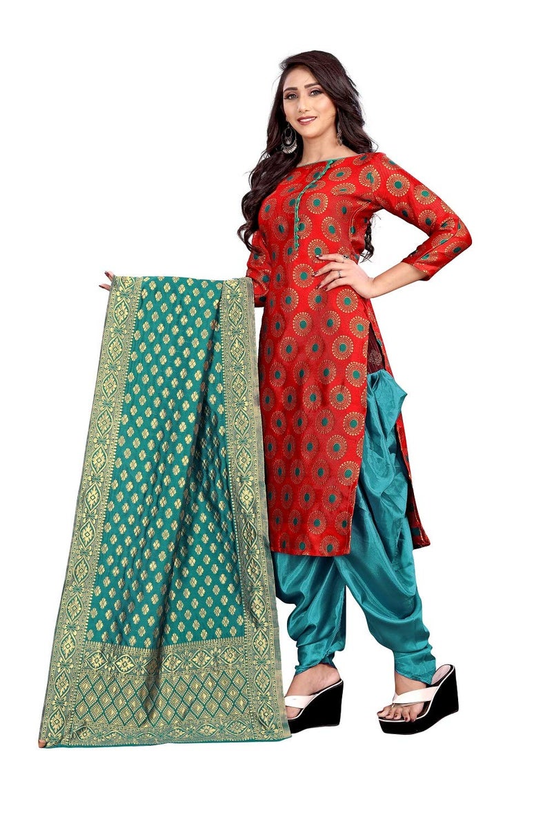 JENNY DESIGNER فستان كورتا وباتيارا غير مخيط للنساء (أحمر) - Image 2