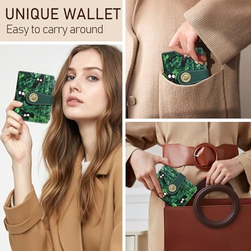 Kelvoris Cute Green Black Cats Grass Small Rfid Women Wallet Bifold Zipper Coin Pocket PU Leather Compact Cash Credit Card Holder Travel Wallet for Female Ladies Teen Girls 1 ID Window 10 Card Slots - Image 2