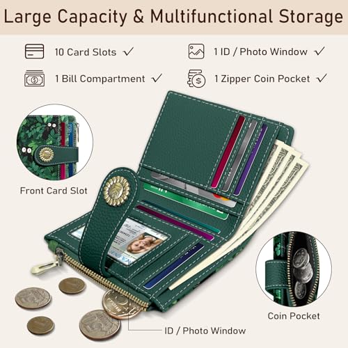 Kelvoris Cute Green Black Cats Grass Small Rfid Women Wallet Bifold Zipper Coin Pocket PU Leather Compact Cash Credit Card Holder Travel Wallet for Female Ladies Teen Girls 1 ID Window 10 Card Slots - Image 4