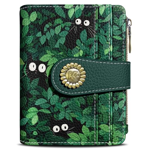 Kelvoris Cute Green Black Cats Grass Small Rfid Women Wallet Bifold Zipper Coin Pocket PU Leather Compact Cash Credit Card Holder Travel Wallet for Female Ladies Teen Girls 1 ID Window 10 Card Slots - Image 1