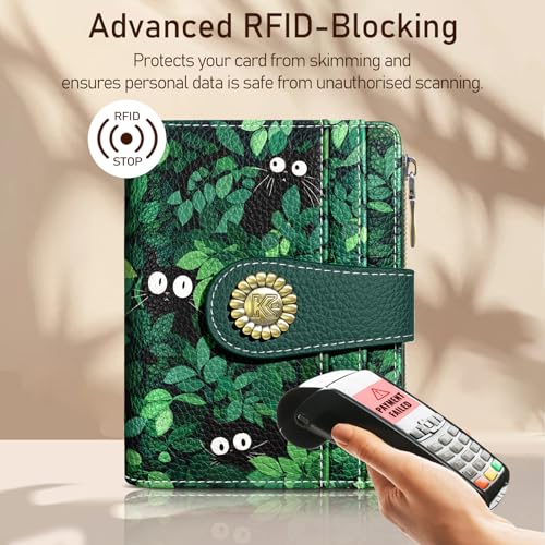 Kelvoris Cute Green Black Cats Grass Small Rfid Women Wallet Bifold Zipper Coin Pocket PU Leather Compact Cash Credit Card Holder Travel Wallet for Female Ladies Teen Girls 1 ID Window 10 Card Slots - Image 3