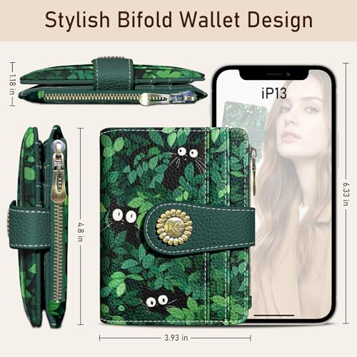 Kelvoris Cute Green Black Cats Grass Small Rfid Women Wallet Bifold Zipper Coin Pocket PU Leather Compact Cash Credit Card Holder Travel Wallet for Female Ladies Teen Girls 1 ID Window 10 Card Slots - Image 5