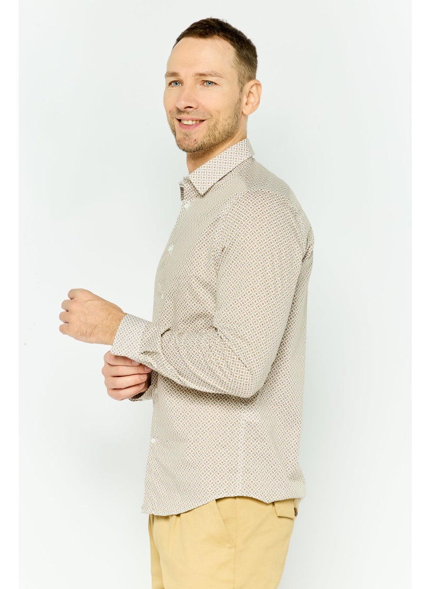 Jules Men Regular Fit Monogram Print Long Sleeves Casual Shirt, Beige  - Image 4