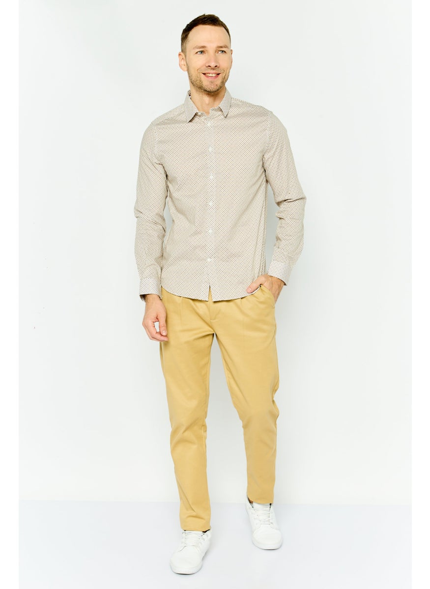 Jules Men Regular Fit Monogram Print Long Sleeves Casual Shirt, Beige  - Image 3