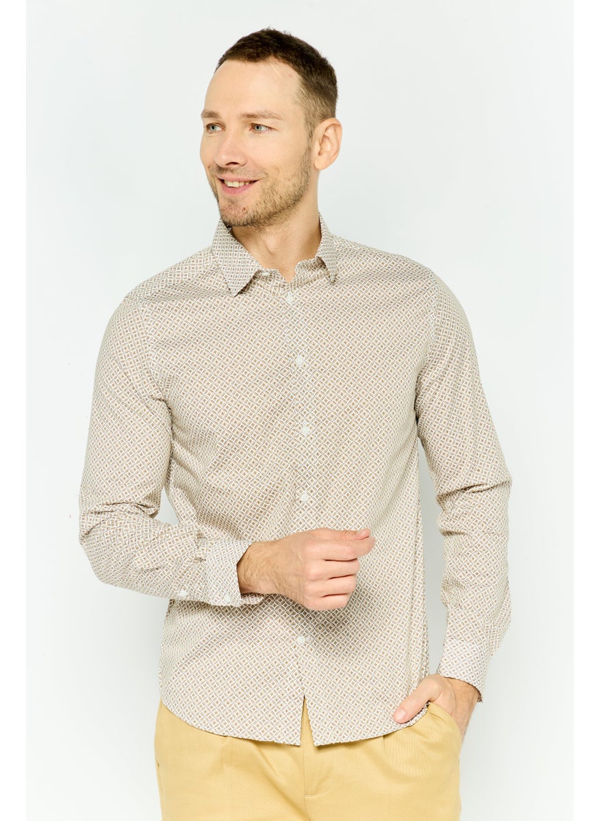 Jules Men Regular Fit Monogram Print Long Sleeves Casual Shirt, Beige  - Image 1