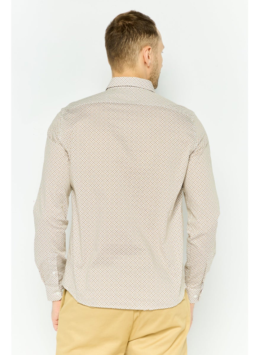 Jules Men Regular Fit Monogram Print Long Sleeves Casual Shirt, Beige  - Image 2