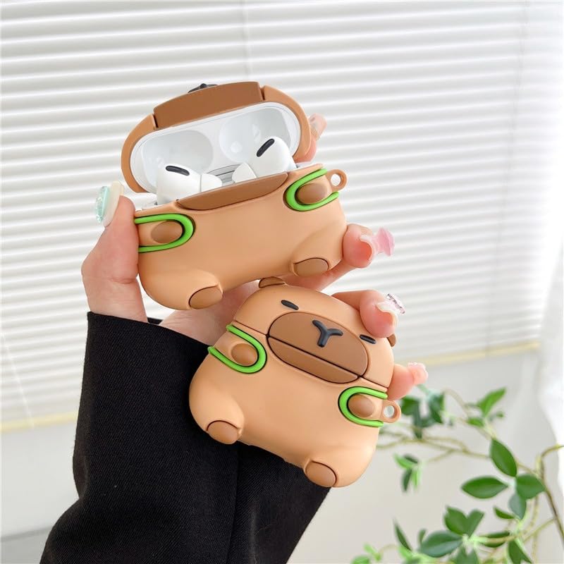 ELVRLA Earphone Case for AirPods 4, Cute Taking Tortoise Backpack Calm Capybara Cover Soft TPU Silicone Case, Lovely Brown Capybara AirPods 4 Cover Protective Skin Shockproof Protector for Earbuds - Image 3