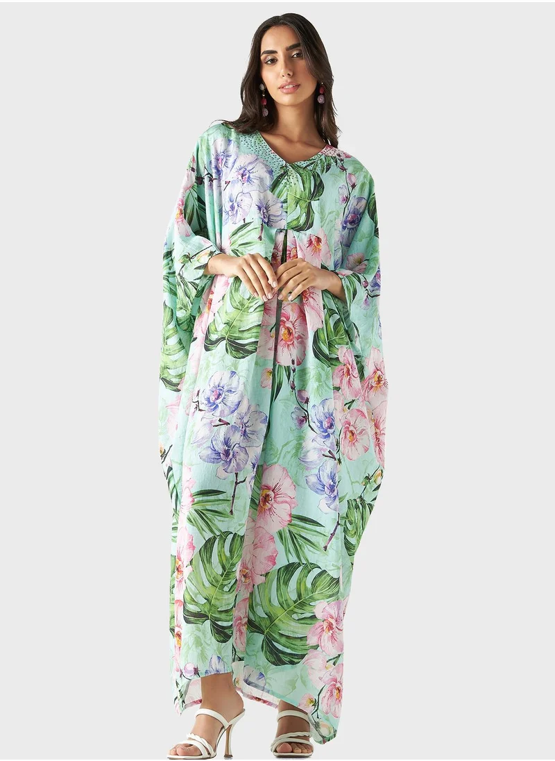 Iconic Floral Print Cape Sleeve Dress