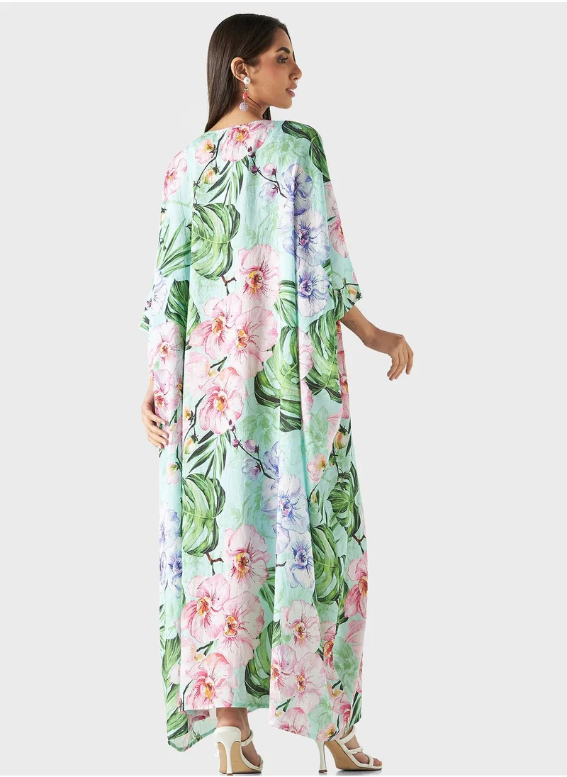 Iconic Floral Print Cape Sleeve Dress