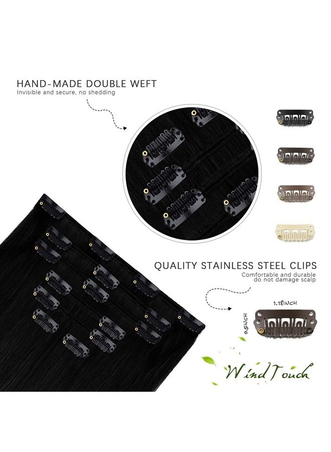 WindTouch Clip in Hair Extensions Human Hair Jet Black Hair Extensions Solid Black For Black Women 15Inch 70g Straight #1 Gift for Women - Image 1