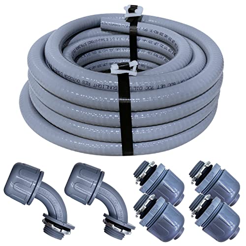 Sealproof 1/2-Inch Non-Metallic Liquid-Tight Conduit and Connector Kit, 25 Foot Made in USA Flexible Electrical Conduit Type B with 4 Straight and 2 90-Degree Conduit Connector Fittings, 1/2" Dia - Image 1
