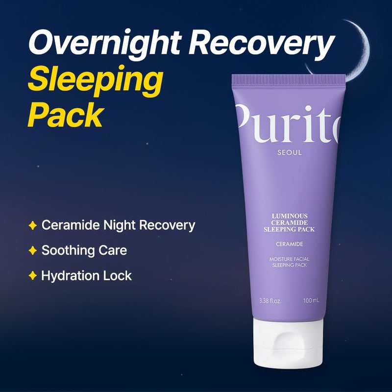 PURITO Luminous Ceramide Sleeping Pack | Overnight Recovery Cream with Five Ceramides for Dry & Sensitive Skin | Ceramide, Hydration Lock | Vegan & Cruelty-Free, Korean Skincare, 100mL / 3.38 fl.oz - Image 2