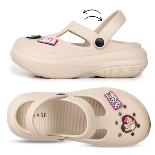 TRASE High Heel Clogs for Women | Adjustable Back Strap Classic Clogs |Comfortable Clogs for Women | Daily Use Stylish Platform Heel Mules (Beige, 8 UK) - Image 4