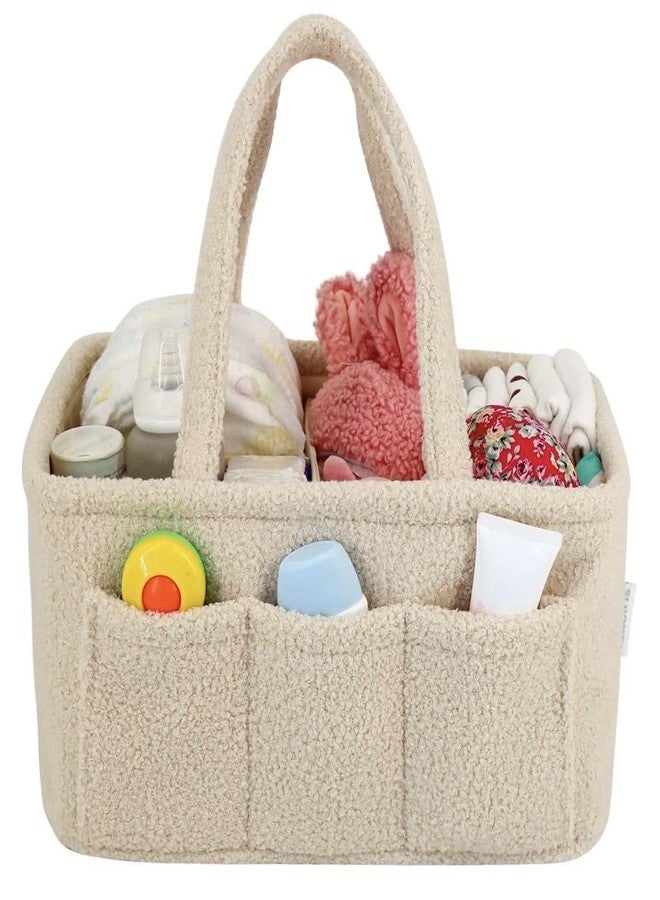YelloIris Baby Diaper Caddy Organizer - Soft Beige Sherpa Diaper Storage Bag | Nursery Organizer with 3 Removable Compartments & 6 Side Pockets - Portable Baby Organizer for Diapers,Wipes & Essentials