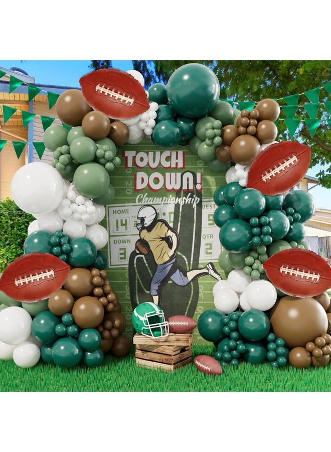 DBKL Football Balloon Garland Arch Kit, 141Pcs Sage Green Brown White Balloons with Football Foil Balloon for Touch Down Rugby Birthday Sport Theme Party Decorations - Image 1